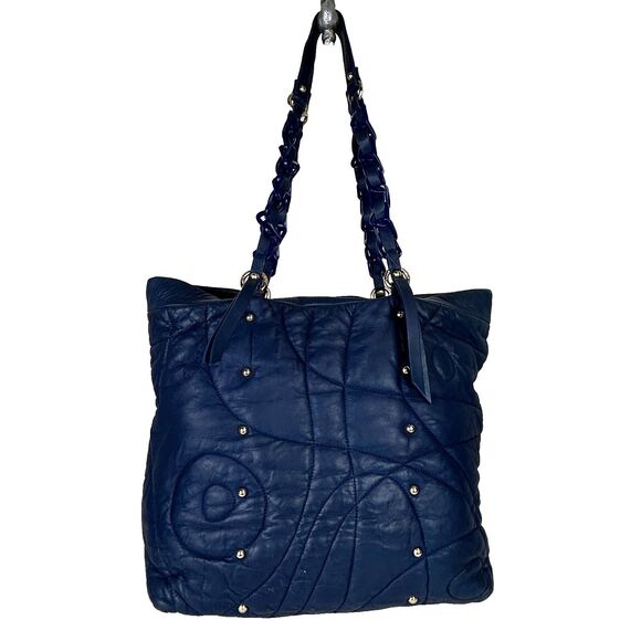 Stuart Weitzman Blue Quilted Shoulder Bag Tote Chain Strap Studded Leather Purse - Picture 4 of 16